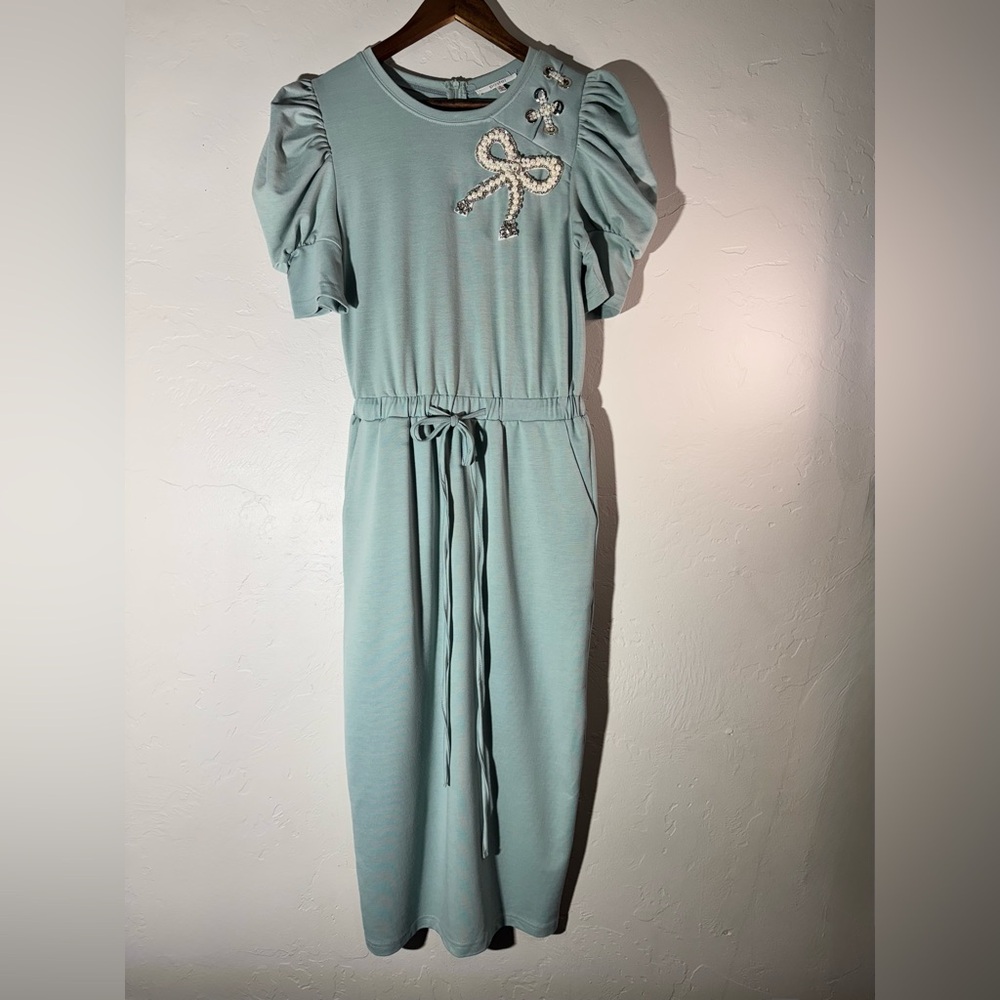 Pastel Mint Puff Sleeve Dress with Embellished Bow Detail Size Small‎